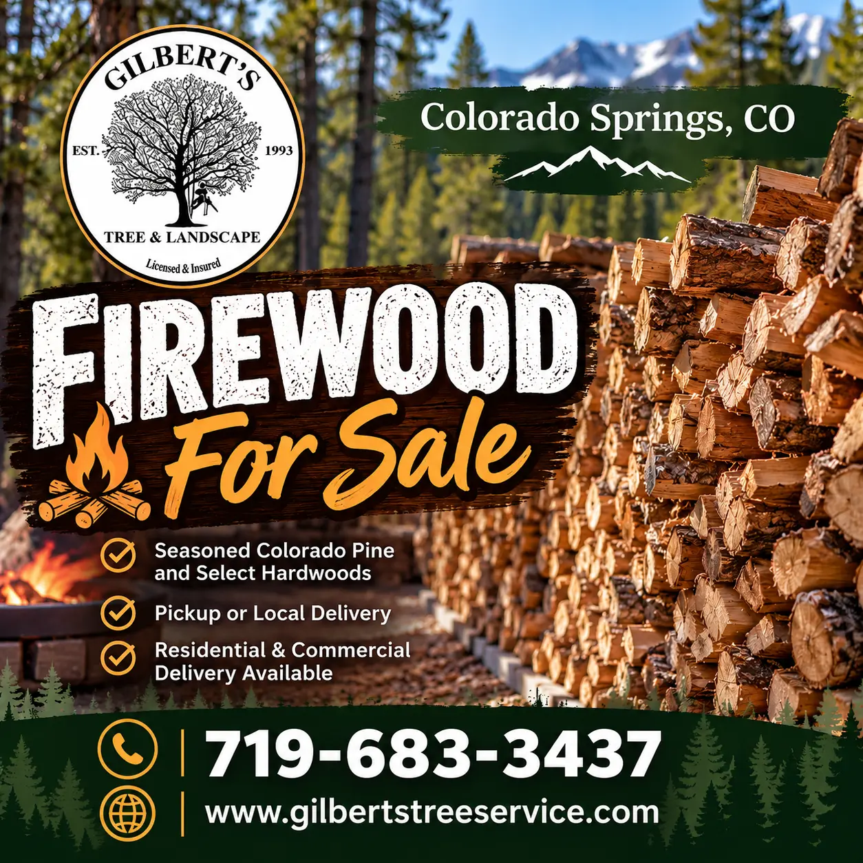 Gilbert's Tree Service firewood for sale — seasoned Colorado pine and hardwoods, pickup or delivery in Colorado Springs